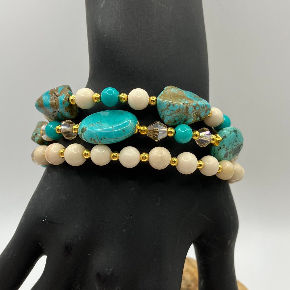 Turquoise stone and Austrian Crystal Bicone + gold spacers wrap Bracelet NEW